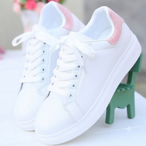 White & Pastel Pink Low-Top Platform Sneakers