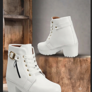 Women's White Ankle-Length Platform Heeled Boots